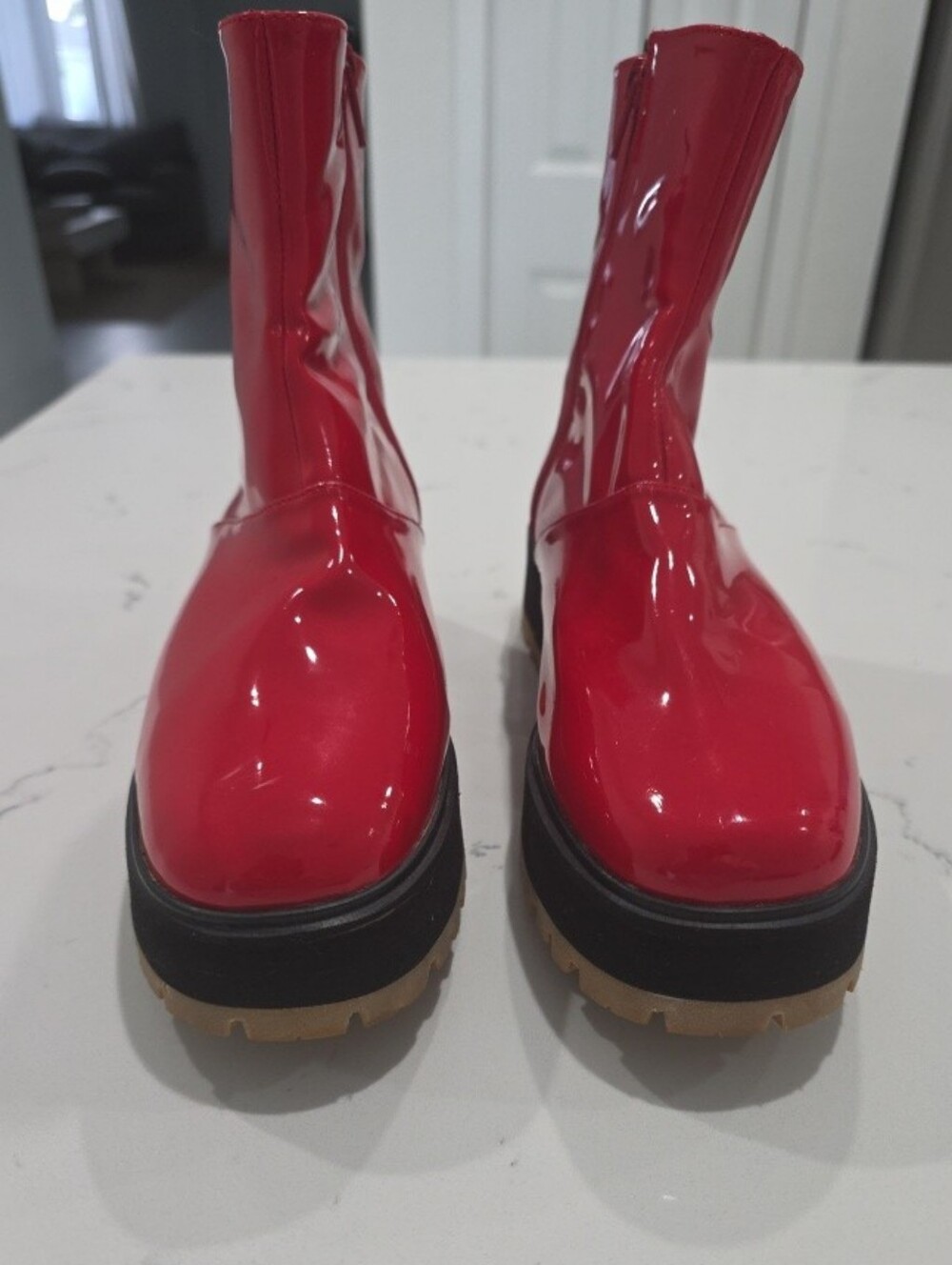 Valeria Leik Red Patent Leather Chunky Sole Mid-calf Boots. Size 8.